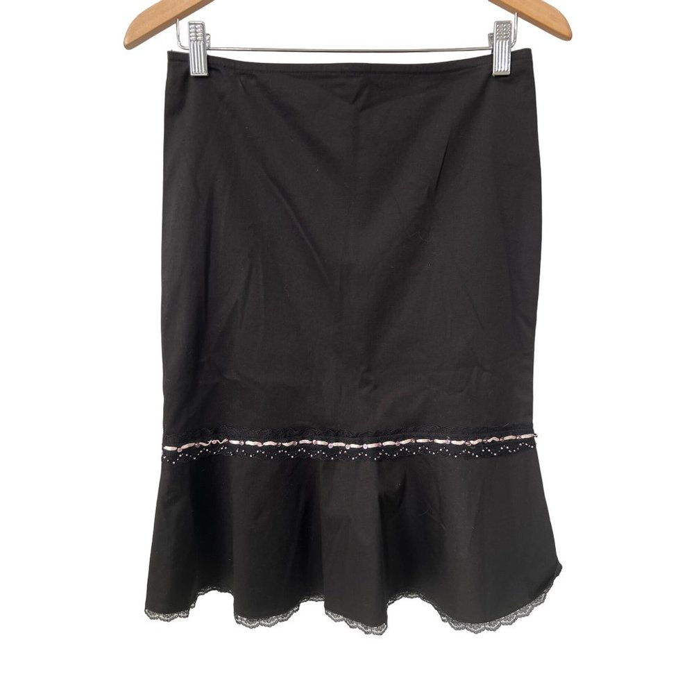 Ana Capri Sequin Beaded Lace Flounce Hem Skirt Womens M Black Cotton Blend NEW